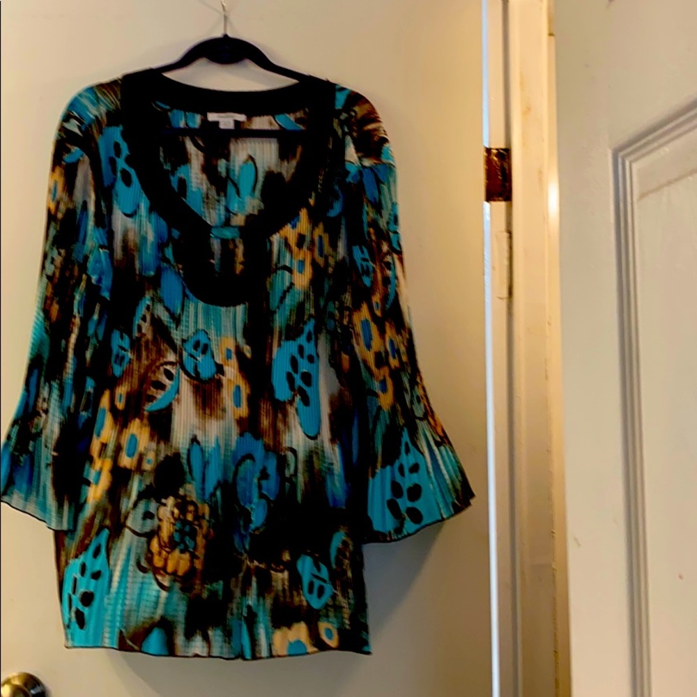 Pleated blouse brown and turquoise